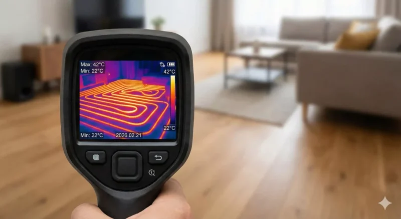 열화상 카메라를 사용하여 거실 바닥 난방 배관의 열 분포를 확인하는 화면
