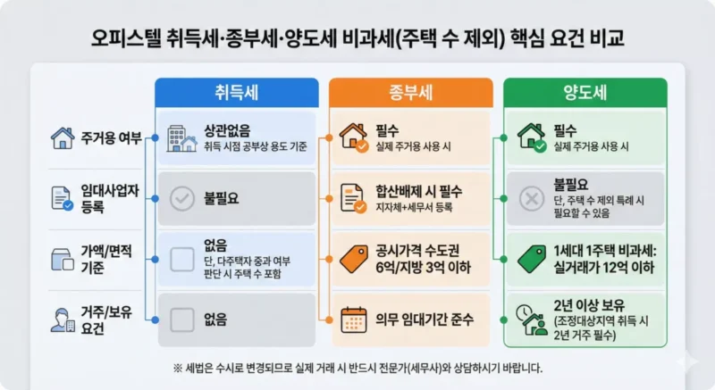 오피스텔 취득세, 종부세, 양도세 비과세 요건 비교