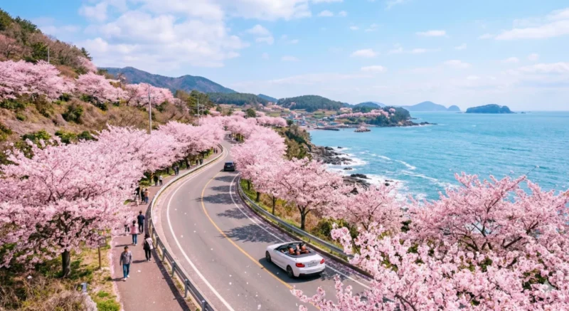 왕벚꽃이 만개한 해안 드라이브 코스 전경