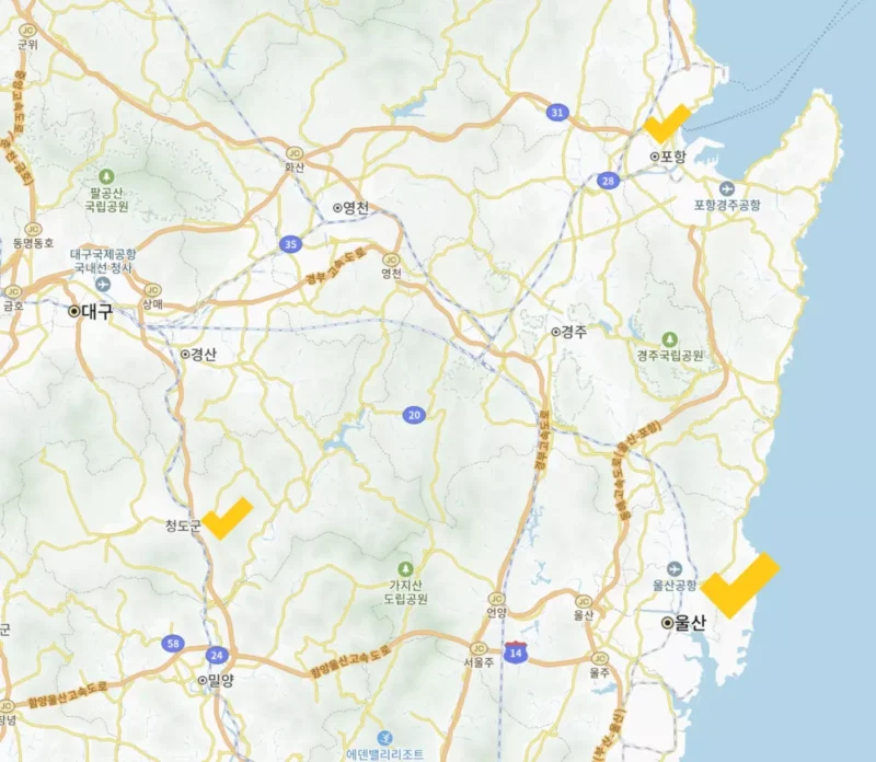 [울산-청도-포항 지도]