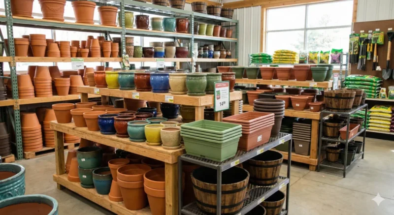 원예 코너에서 판매하는 화분들이 진열된 사진