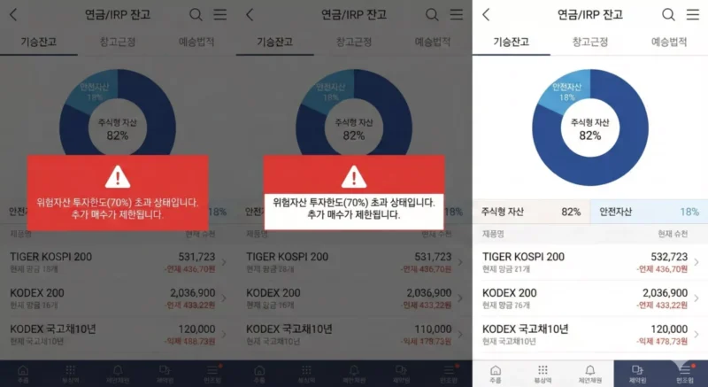 위험자산 투자한도(70%) 초과 상태입니다. 추가 매수가 제한됩니다.라는 경고 알림 팝업 떠있는 스크린샷