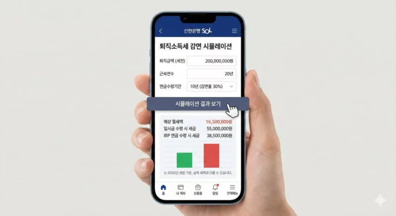 은행 모바일 앱 내 '퇴직소득세 감면 시뮬레이션' 화면 스크린샷