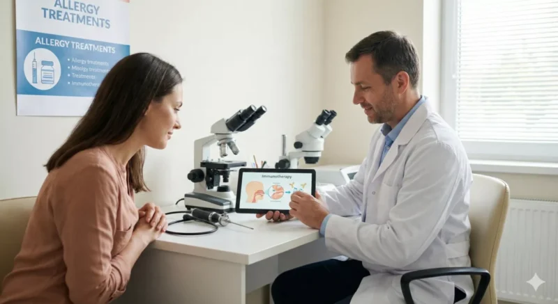 이비인후과 진료실에서 의사가 환자에게 면역치료 과정을 설명하는 모습