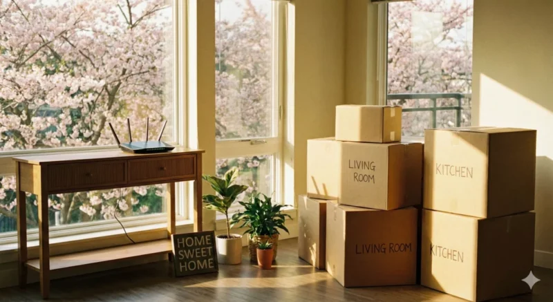 이삿짐 박스와 새 아파트 거실에 인터넷 공유기가 놓여 있는 사진