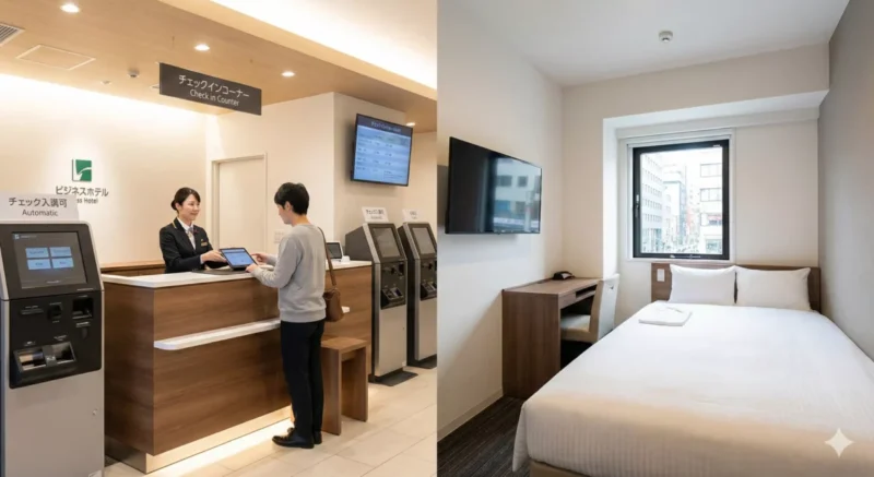 일본 비즈니스호텔 체크인 카운터 깔끔한 객실 사진