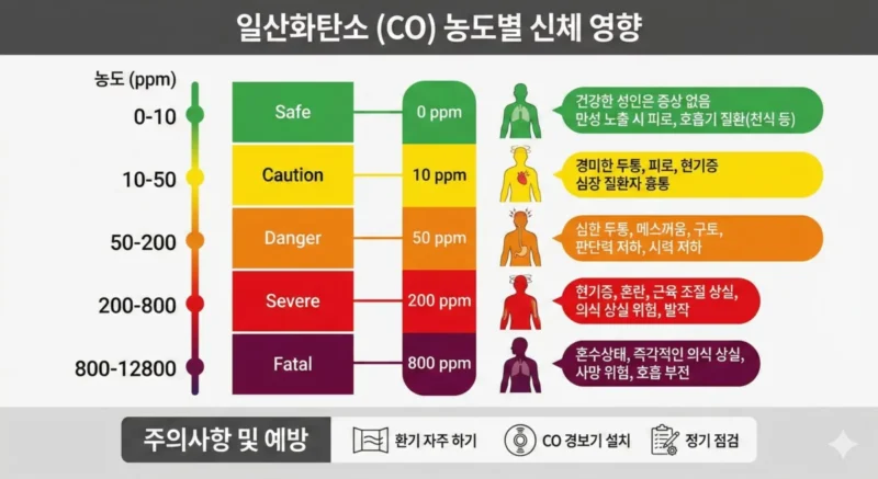 일산화탄소 농도별 신체 영향을 보여주는 인포그래픽