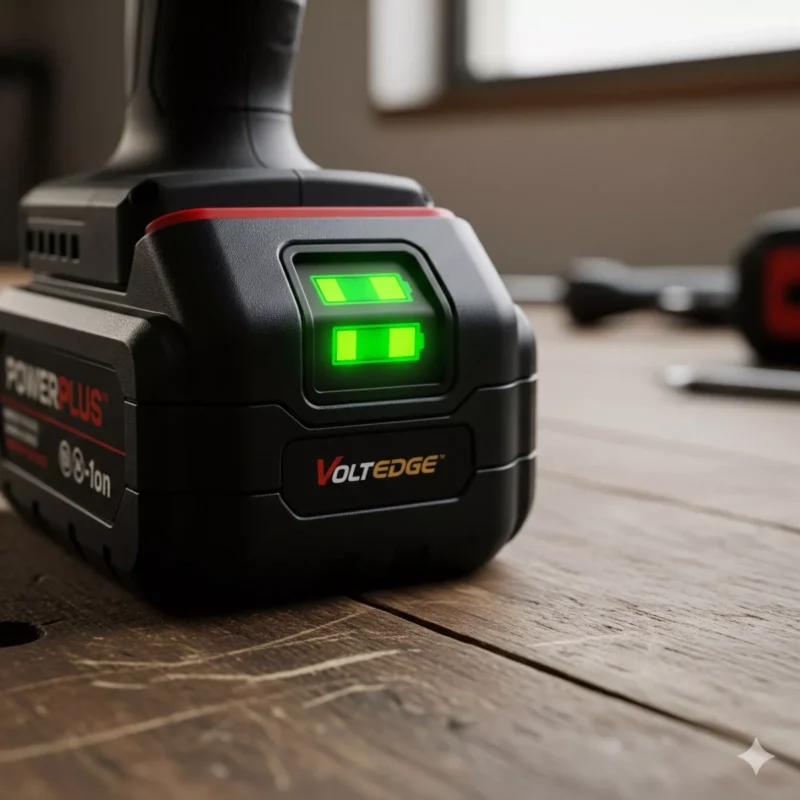 전동공구 리튬이온 배터리 잔량 게이지가 2칸 정도 켜져 있는 사진