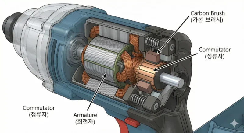 전동공구 모터 내부 구조와 카본 브러쉬의 위치를 보여주는 3D 단면 일러스트