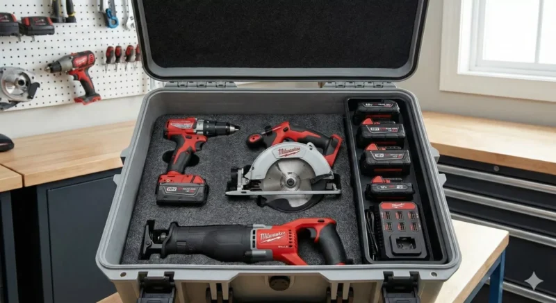 전동공구 본체와 배터리가 분리되어 전용 보관함에 깔끔하게 정리된 사진