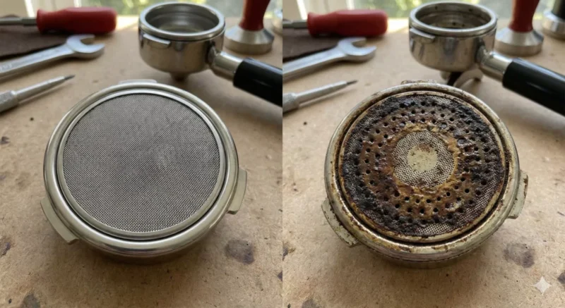 커피머신의 깨끗한 샤워 스크린과 찌꺼기가 낀 스크린의 대조 스크린샷