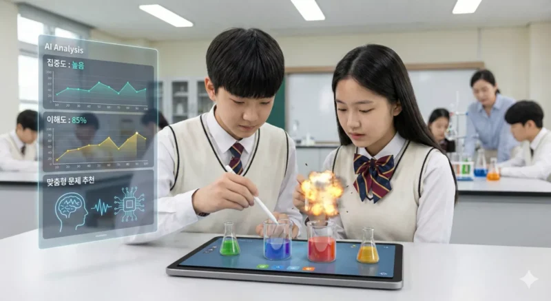 태블릿을 활용해 가상 실험을 진행하는 학생들과 AI 학습 분석 화면