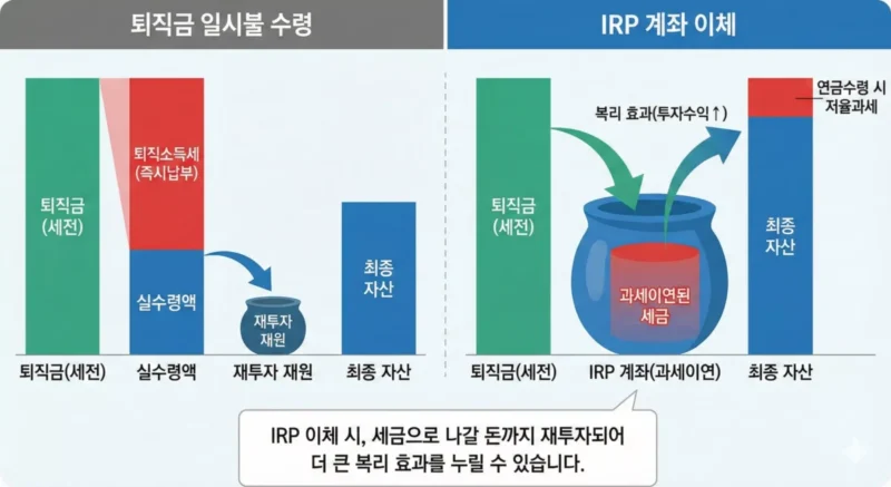 퇴직금 일시불 수령과 IRP 계좌 이체 시 과세이연 효과를 직관적으로 비교한 차트
