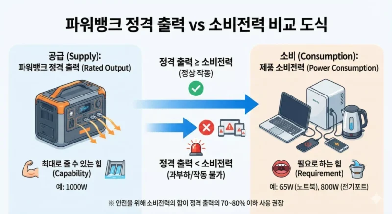 파워뱅크 정격 출력 vs 소비전력 비교 도식
