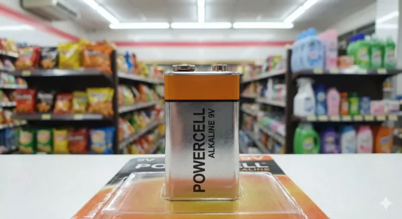 편의점에서 쉽게 구할 수 있는 직사각형 모양의 9V 알카라인 건전지 사진