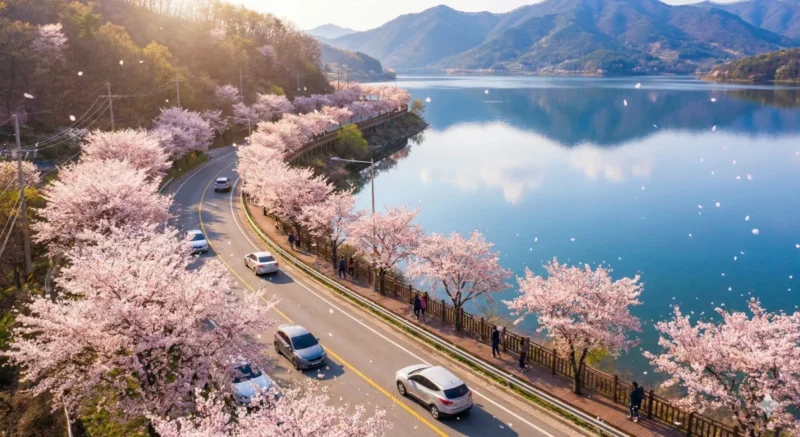 푸른 호수와 분홍빛 벚꽃이 어우러진 대전 대청호 오백리길 드라이브 코스 이미지