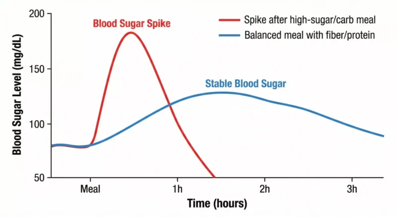 혈당 스파이크 곡선과 안정적인 혈당 곡선을 비교한 그래프 이미지