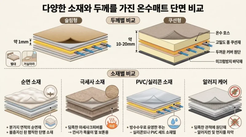 다양한 소재와 두께를 가진 온수매트 단면 비교