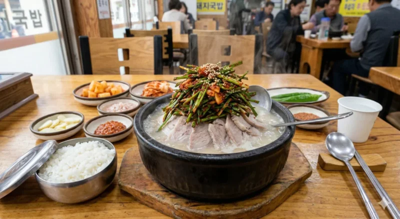 돼지 머릿고기와 내장이 듬뿍 들어간 뚝배기에 붉고 진한 다대기 양념이 한 숟가락 크게 올려져 있는 대구식 돼지국밥 사진