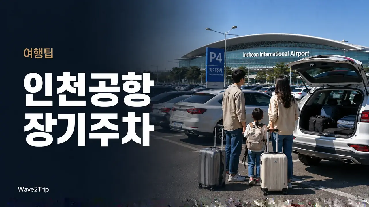 인천공항 장기주차장에서 가족 여행자가 짐을 내리고 터미널로 이동을 준비하는 모습