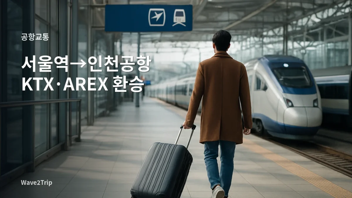 서울역에서 캐리어를 끌고 공항철도로 환승하는 상황을 표현한 여행 이미지