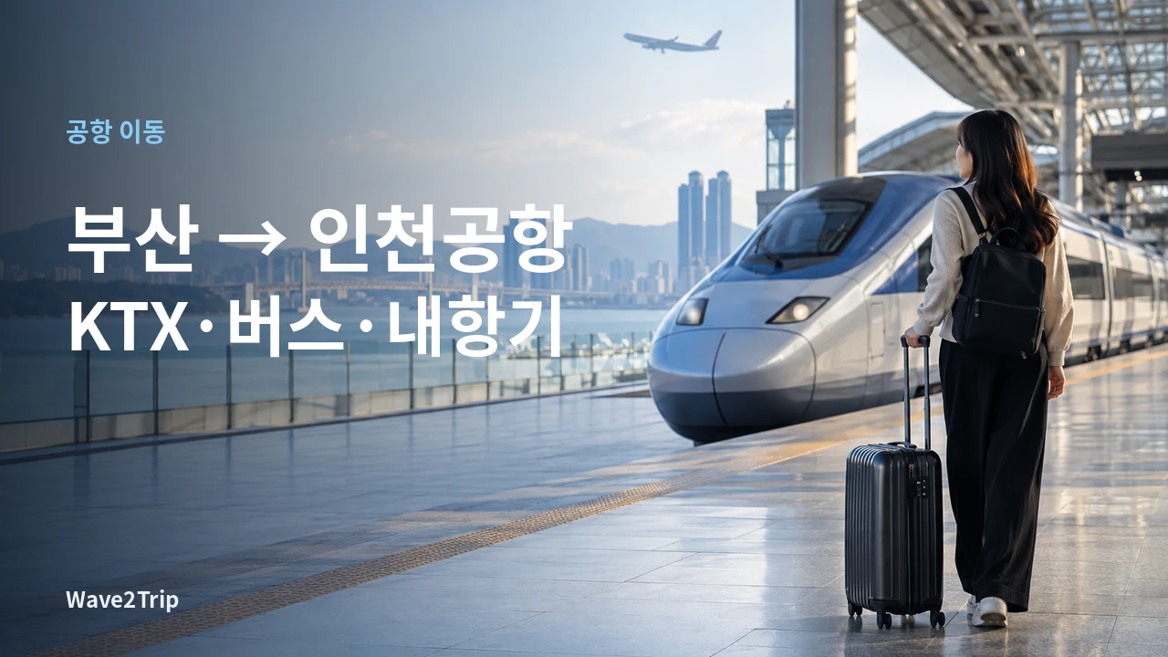 부산에서 인천공항으로 이동하는 기차와 공항 여행을 표현한 여행 가이드 이미지