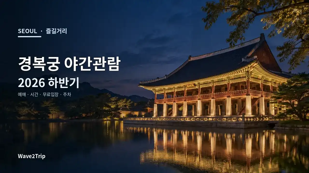 AI 생성 이미지: 2026 경복궁 야간관람을 연상시키는 궁궐 야경과 Wave2Trip 제목 오버레이