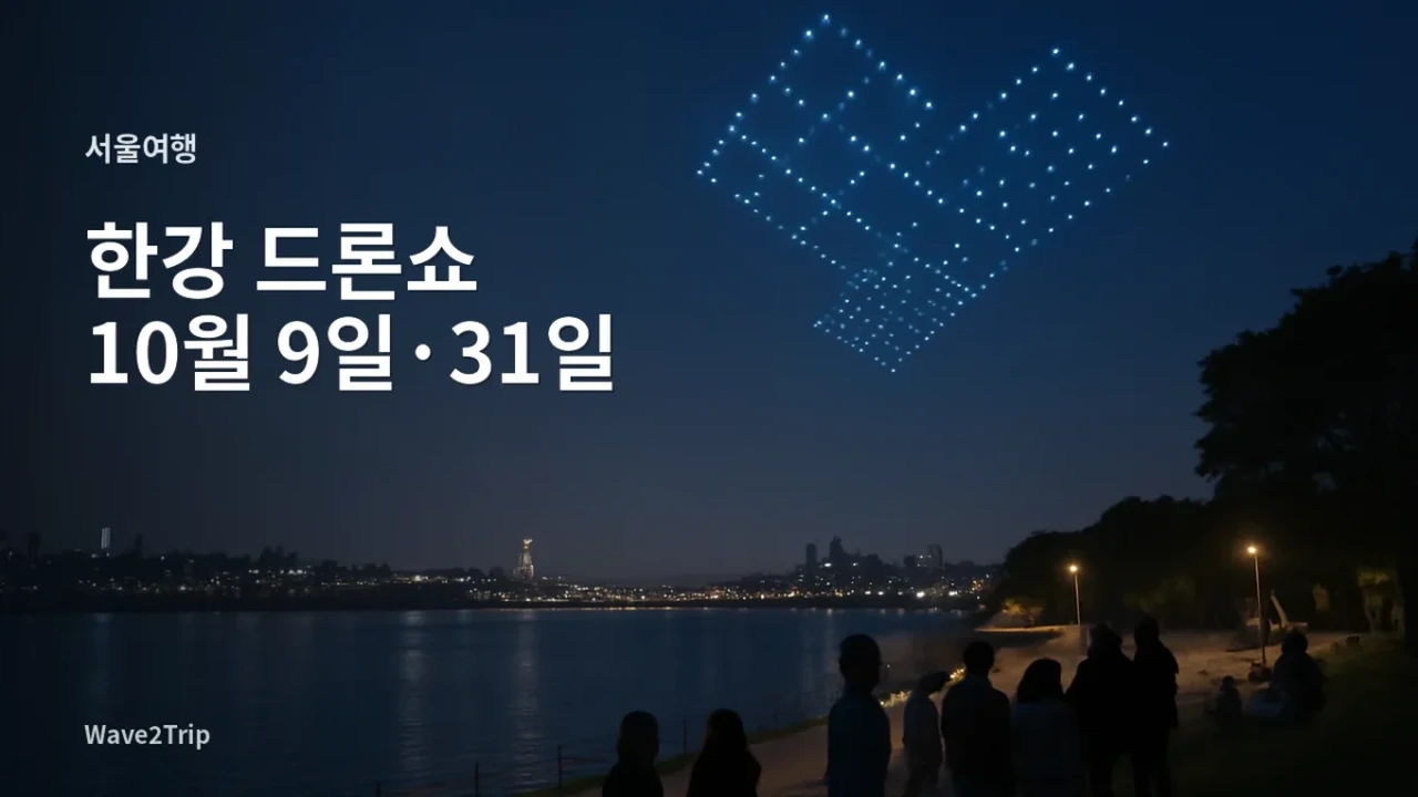 한강 밤하늘의 드론 라이트 쇼를 표현한 서울 야간 여행 이미지