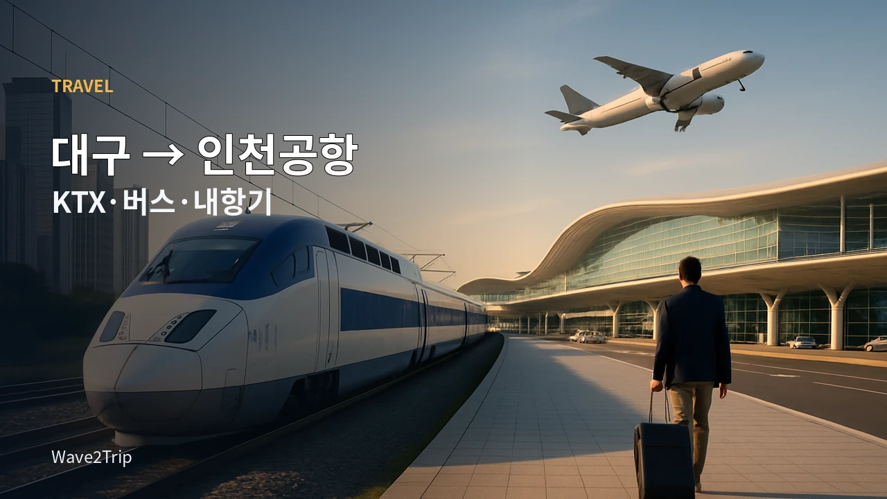 대구에서 인천공항으로 이동하는 고속열차와 공항 여행을 표현한 여행 가이드 이미지