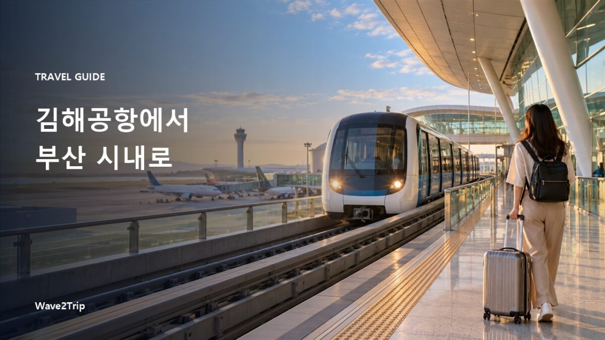 김해공항에서 부산 시내로 이동하는 여행자와 경전철을 표현한 AI 제작 이미지
