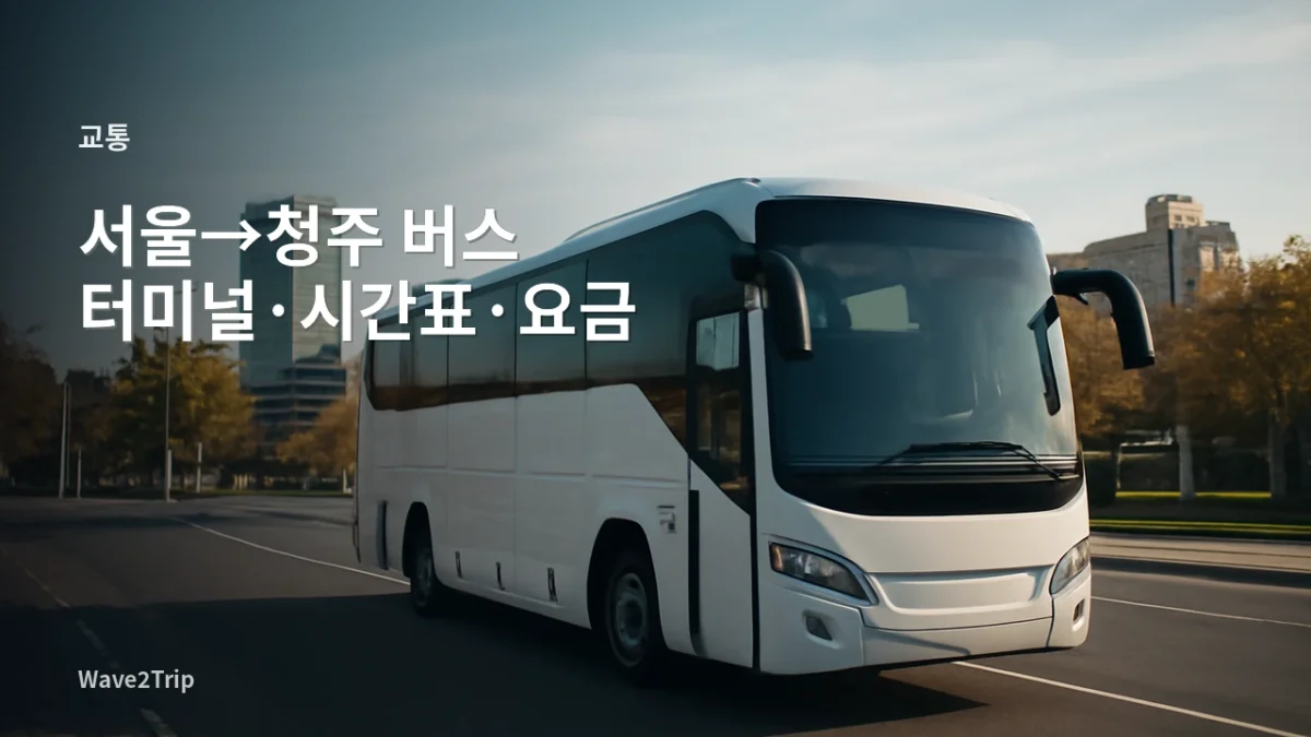 서울에서 청주로 이동하는 고속·시외버스와 청주 도심 분위기를 표현한 AI 기반 Wave2Trip 교통 가이드 썸네일