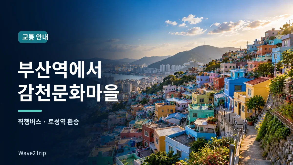 부산 감천문화마을 산비탈의 알록달록한 건물과 부산항 풍경을 표현한 AI 제작 여행 가이드 이미지