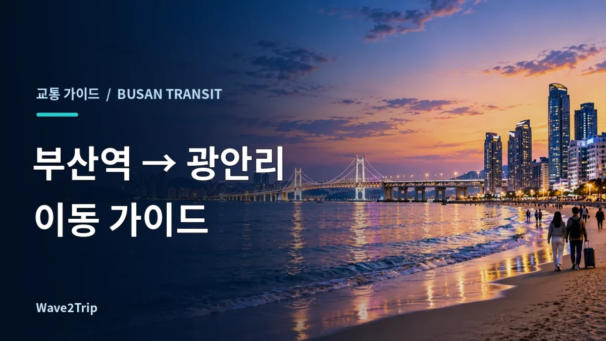 부산 광안리해수욕장과 광안대교의 해 질 녘 풍경을 표현한 AI 제작 여행 가이드 이미지, 부산역에서 광안리 가는 법