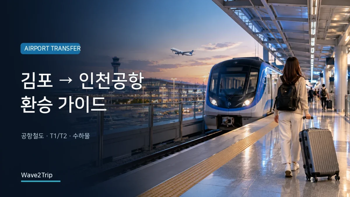 김포공항에서 인천공항으로 공항철도와 캐리어를 이용해 이동하는 여행자를 표현한 AI 생성 환승 가이드 이미지